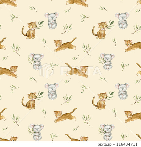 Seamless pattern with green eucalyptus leaves and cute tiger and koala. Watercolor isolated illustration on light orange background. Cartoon kids print with animals minimalist scandinavian style. Seamless pattern with green eucalyptus leaves and cute tiger and koala. Watercolor isolated illustration on light orange background. Cartoon kids print with animals minimalist scandinavian style. 116434711