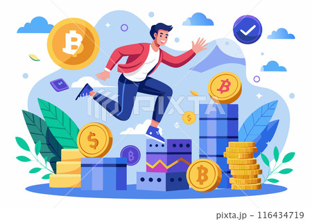 A man in the world of cryptocurrency in pursuit of success. Vector illustration 116434719