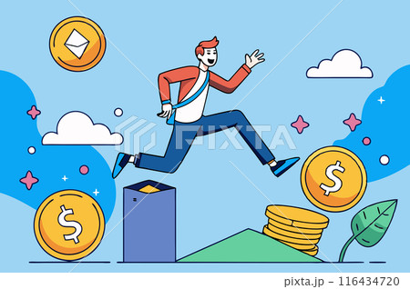 A man in the world of cryptocurrency in pursuit of success. Vector illustration A man in the world of cryptocurrency in pursuit of success. Vector illustration 116434720