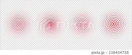 Set of red sound wave rings, of lines, linear dashes. Rings with radial lines. Target icon, epicenter. Concentric vortex circles. Vector illustration on transparent background 116434738