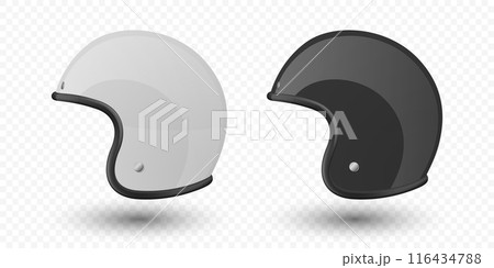 Vector 3d Realistic Blank White and Black Glossy Classic Vintage Open-Face Motorbike Helmet Design Template for Mockup. Side View. Motorcycle Helmet Icon, Closeup, Isolated Vector 3d Realistic Blank White and Black Glossy Classic Vintage Open-Face Motorbike Helmet Design Template for Mockup. Side View. Motorcycle Helmet Icon, Closeup, Isolated 116434788