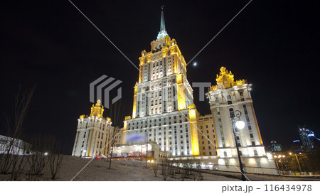 Hotel Ukraine winter night timelapse hyperlapse with bridge over Moscow River. Hotel Ukraine winter night timelapse hyperlapse with bridge over Moscow River. 116434978
