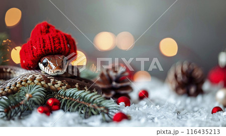 Green snake in red hat year on silver background with Christmas tree and lights. New year design Green snake in red hat year on silver background with Christmas tree and lights. New year design 116435213
