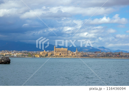Panoramic view of Palma de Mallorca with cathedral from the harbor with storm clouds 116436094
