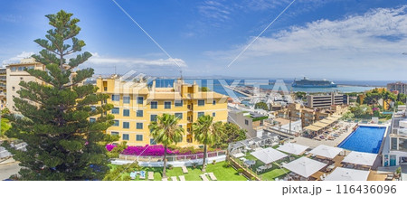 Panoramic view from an elevated position of the port of Palma de Mallorca with cruise ship Panoramic view from an elevated position of the port of Palma de Mallorca with cruise ship 116436096