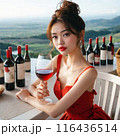 写真素材(高画質 有料) 高原が見える高台でワインを飲む女性　（AI画像） 116436514