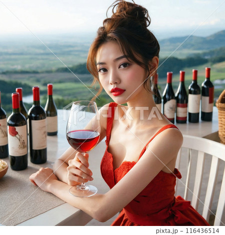 写真素材(高画質 有料) 高原が見える高台でワインを飲む女性　（AI画像） 116436514