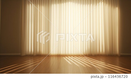 Golden Sunlight Streaming Through a Large Window and Gentle White Curtain onto Parquet Flooring. Generative ai 116436720