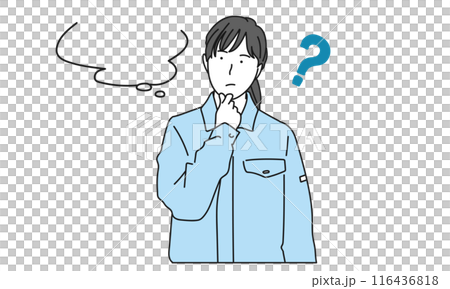 A simple illustration of a female staff member in work clothes thinking 116436818