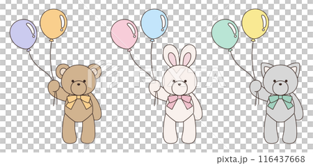 Vector illustration set of cute bear, rabbit and cat stuffed animals with ribbons holding balloons Icon Vector illustration set of cute bear, rabbit and cat stuffed animals with ribbons holding balloons Icon 116437668