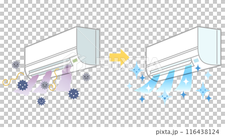 A set of illustrations of a moldy air conditioner and a cleaned and sanitized cooler A set of illustrations of a moldy air conditioner and a cleaned and sanitized cooler 116438124
