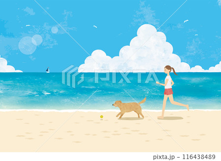 ゴールデンレトリバーとビーチで遊ぶ女性と海の景色水彩 116438489