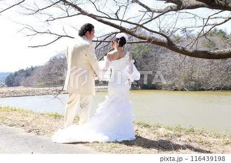 ウエディングドレス姿の新婦様とタキシード姿の新郎様フォトウエディング後ろ姿、湖畔でロケーション撮影 ウエディングドレス姿の新婦様とタキシード姿の新郎様フォトウエディング後ろ姿、湖畔でロケーション撮影 116439198