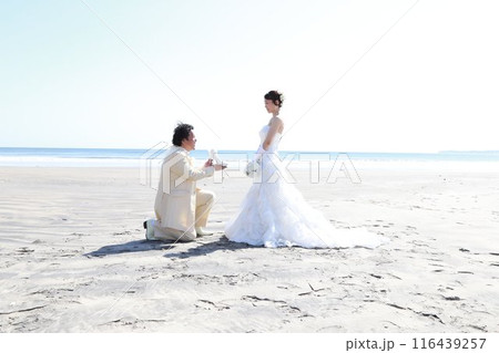 ウエディングドレス姿の新婦様とタキシード姿の新郎様フォトウエディング海ロケーション撮影 116439257