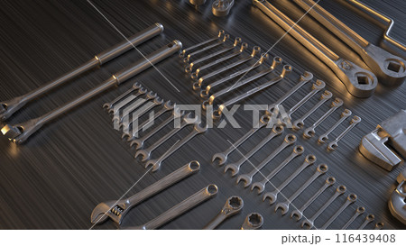 The garage tool on steel table for workshop or fix content 3d rendering. The garage tool on steel table for workshop or fix content 3d rendering. 116439408