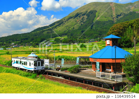 【熊本県】晴天の南阿蘇鉄道トロッコ列車と阿蘇山（白水高原駅） 116439514