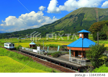 【熊本県】晴天の南阿蘇鉄道トロッコ列車と阿蘇山（白水高原駅） 116439548