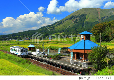 【熊本県】晴天の南阿蘇鉄道トロッコ列車と阿蘇山（白水高原駅） 116439551