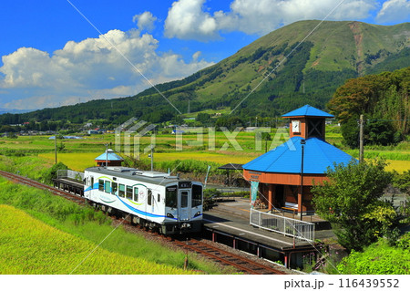 【熊本県】晴天の南阿蘇鉄道トロッコ列車と阿蘇山(白水高原駅) 【熊本県】晴天の南阿蘇鉄道トロッコ列車と阿蘇山(白水高原駅) 116439552