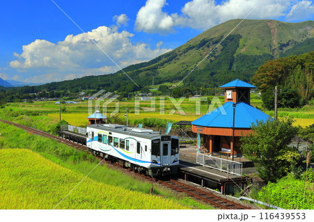 【熊本県】晴天の南阿蘇鉄道トロッコ列車と阿蘇山（白水高原駅） 116439553