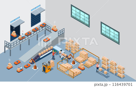 Smart Warehouse Technology and Automated Warehouse Robots Concept with Automated Guided Vehicles (AGVs) and Autonomous Mobile Robots (AMRs). Vector illustration EPS 10 Smart Warehouse Technology and Automated Warehouse Robots Concept with Automated Guided Vehicles (AGVs) and Autonomous Mobile Robots (AMRs). Vector illustration EPS 10 116439701
