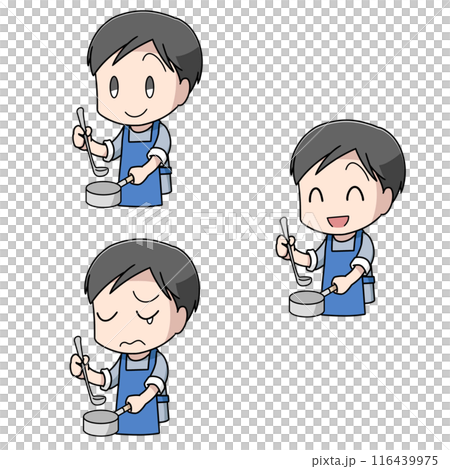 一個人一手拿著鍋子和湯匙的 3 個插圖圖案 116439975