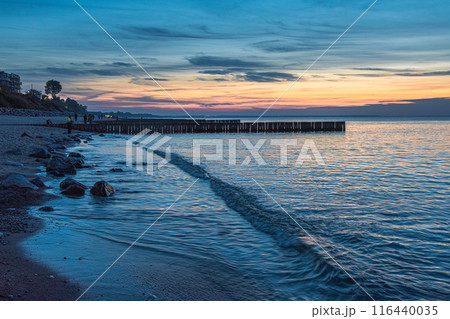 View of sand beach with wooden breakwaters on the Baltic Sea coast on sunset in Zelenogradsk. Russia View of sand beach with wooden breakwaters on the Baltic Sea coast on sunset in Zelenogradsk. Russia 116440035