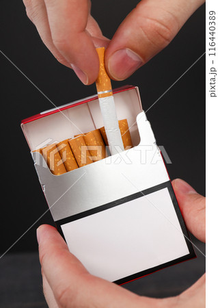A pack of cigarettes in male hands on a dark background 116440389
