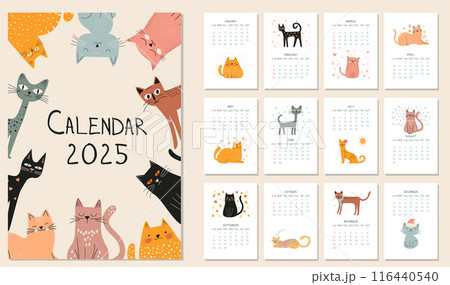2025 Annual Calendar Layout with cute baby Doodle Cats animal. Set of 12 month vector illustration, Hand Drawn kitten character in cartoon style isolated on white background. Cover and pages design 116440540