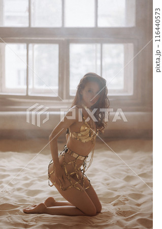 Young sexy woman in golden fantasy armor. 116440573