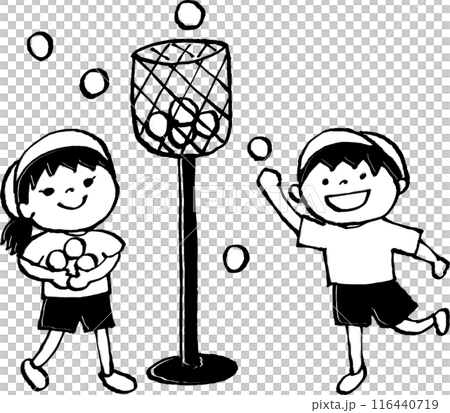 Children in gym clothes throwing balls at a sports day 116440719