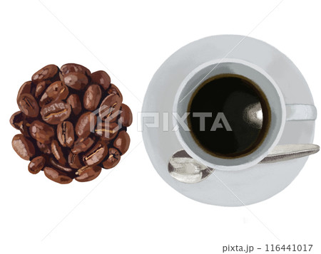 ホットコーヒーとコーヒー豆（深煎り）俯瞰 116441017