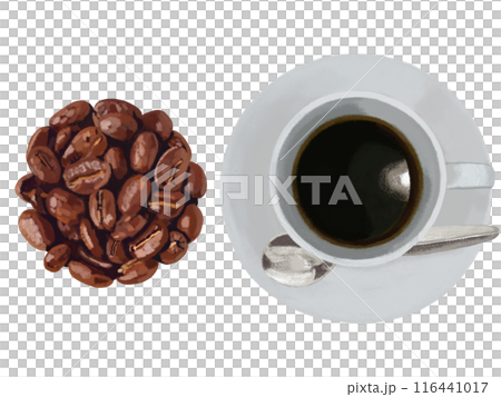 Hot coffee and coffee beans (dark roast) overhead view 116441017