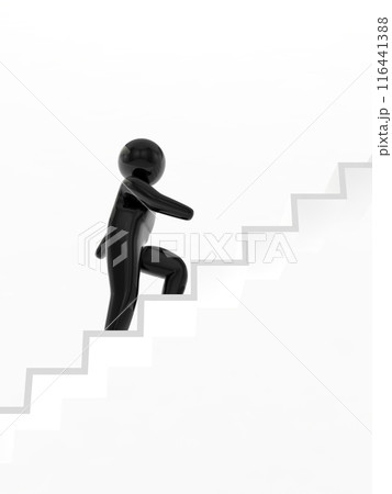 階段をのぼる黒い人　アイコン　縦　白背景　3Dイラストレーション 116441388
