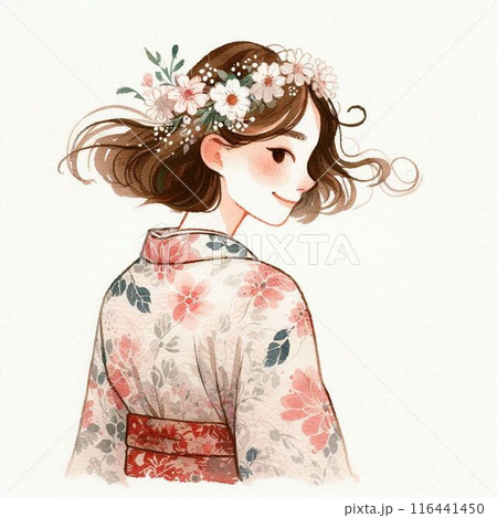 このイラストは、花の冠をかぶり、花柄の着物を着た女性を描いています