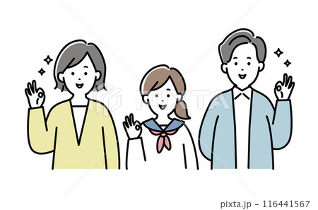 笑顔でグッドサインを3人家族のイラスト素材 116441567