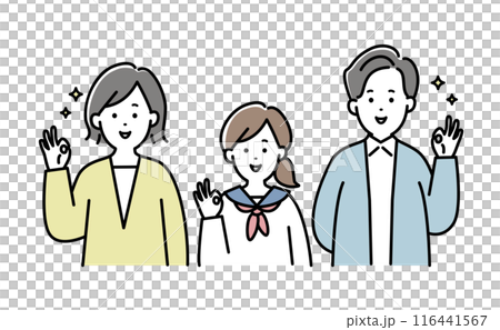 笑顔でグッドサインを3人家族のイラスト素材 116441567