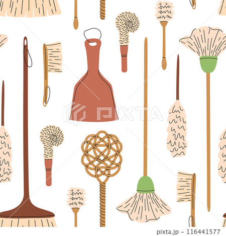 Seamless pattern of eco-friendly cleaning products. Mops and brushes. Organic natural ecological cleaners. Flat vector illustration Seamless pattern of eco-friendly cleaning products. Mops and brushes. Organic natural ecological cleaners. Flat vector illustration 116441577
