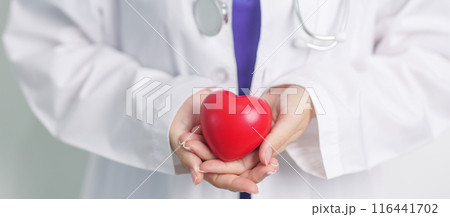Doctor hand holding red heart shape in hospital. love, donor, world heart day, world health day, CSR donation and Insurance concepts 116441702