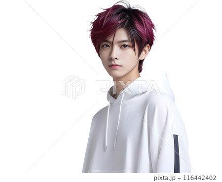 派手な髪の色とカジュアルな服を着た若いイケメン男性のポートレート(背景透過)アルファチャンネル　AI 116442402