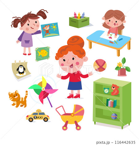 Cute girl and teacher in kindergarten. Isolated objects set for design. Cartoon character. Vector illustration. Cute girl and teacher in kindergarten. Isolated objects set for design. Cartoon character. Vector illustration. 116442635
