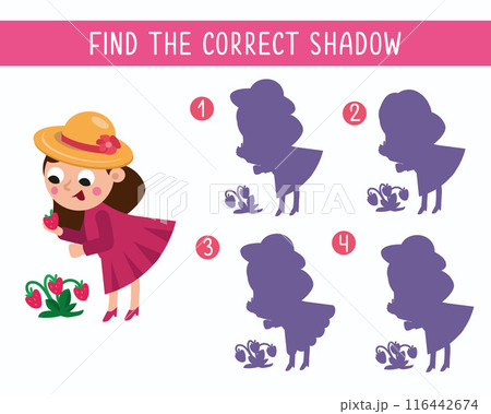Game for kids. Find correct shadow. Cute mom in garden. Cartoon character. Vector illustration. Game for kids. Find correct shadow. Cute mom in garden. Cartoon character. Vector illustration. 116442674