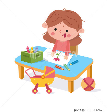 ute little girl sitting at table and drawing. Cartoon character. Isolated vector illustration on white background.  116442676