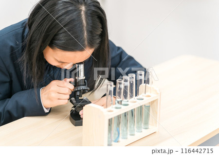 理科の実験で顕微鏡を覗く中学生の女の子 理科の実験で顕微鏡を覗く中学生の女の子 116442715