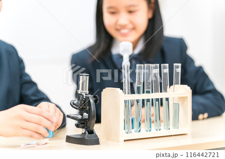 理科の実験をする中学生の女の子 116442721