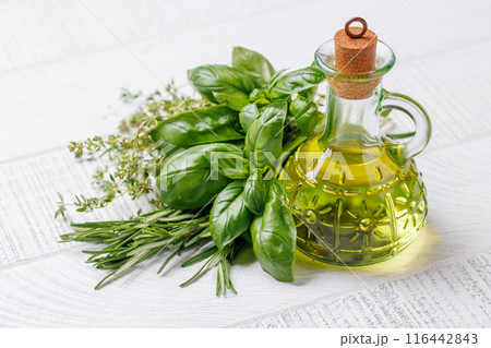 Various herbs and spices on the table 116442843