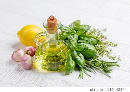 Various herbs and spices on the table 116442844