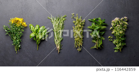 Various herbs and spices on the table 116442859