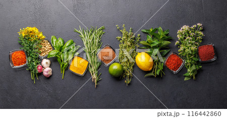 Various herbs and spices on the table Various herbs and spices on the table 116442860