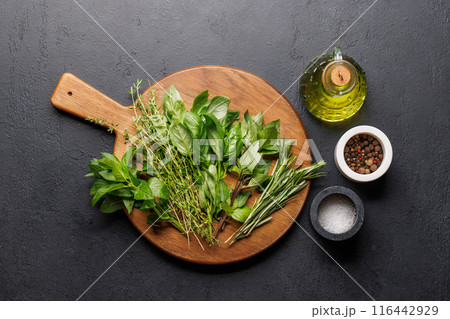 Various herbs and spices on the table 116442929